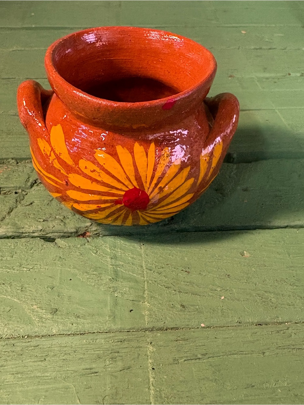 Hand Crafted Orange Ceramic Planter with Yellow Daisy Accent